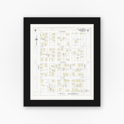 Old map wall art mockup — black gallery frame with white mat — Sanborn Fire Insurance Map from Kirksville, Adair County, Missouri (1925), Sheet #0008