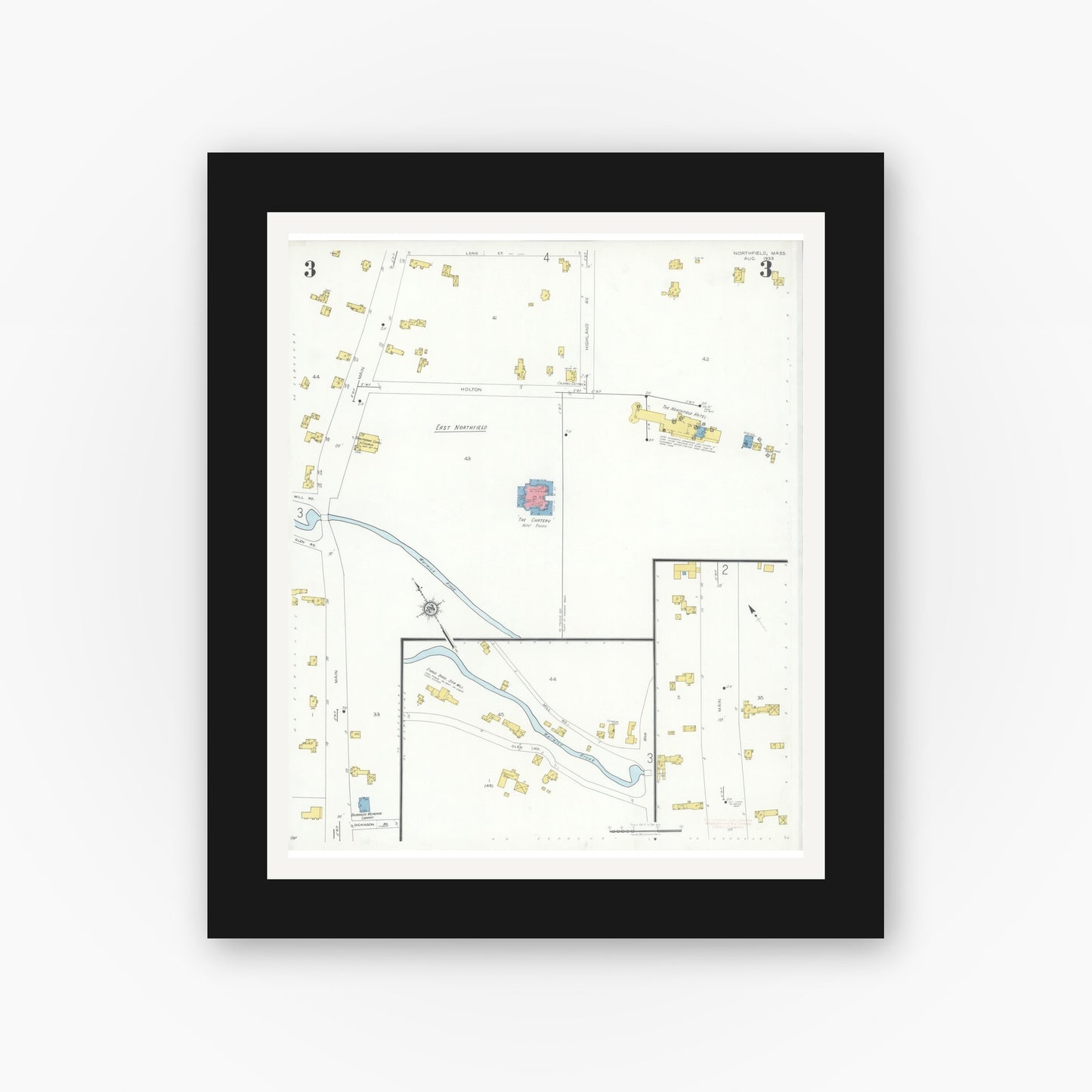 Old map wall art mockup — black gallery frame with white mat — Sanborn Fire Insurance Map from Northfield, Franklin County, Massachusetts (1933), Sheet #0003