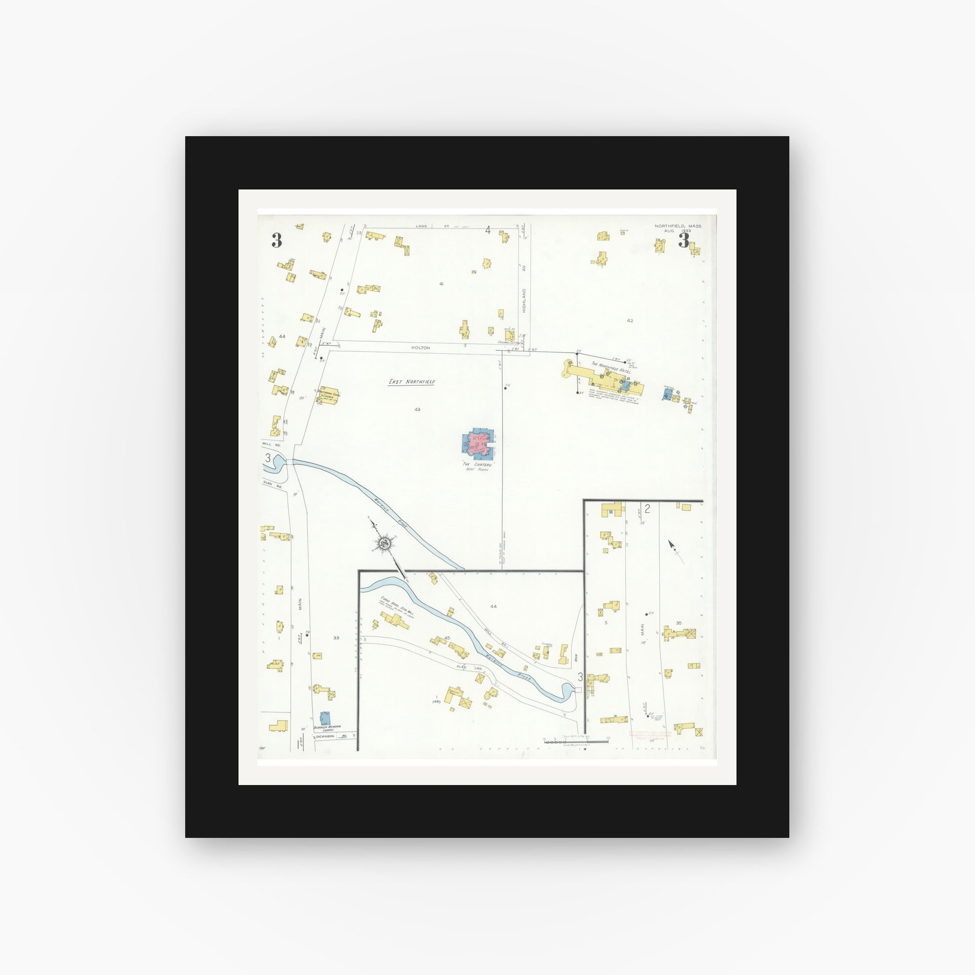 Old map wall art mockup — black gallery frame with white mat — Sanborn Fire Insurance Map from Northfield, Franklin County, Massachusetts (1933), Sheet #0003