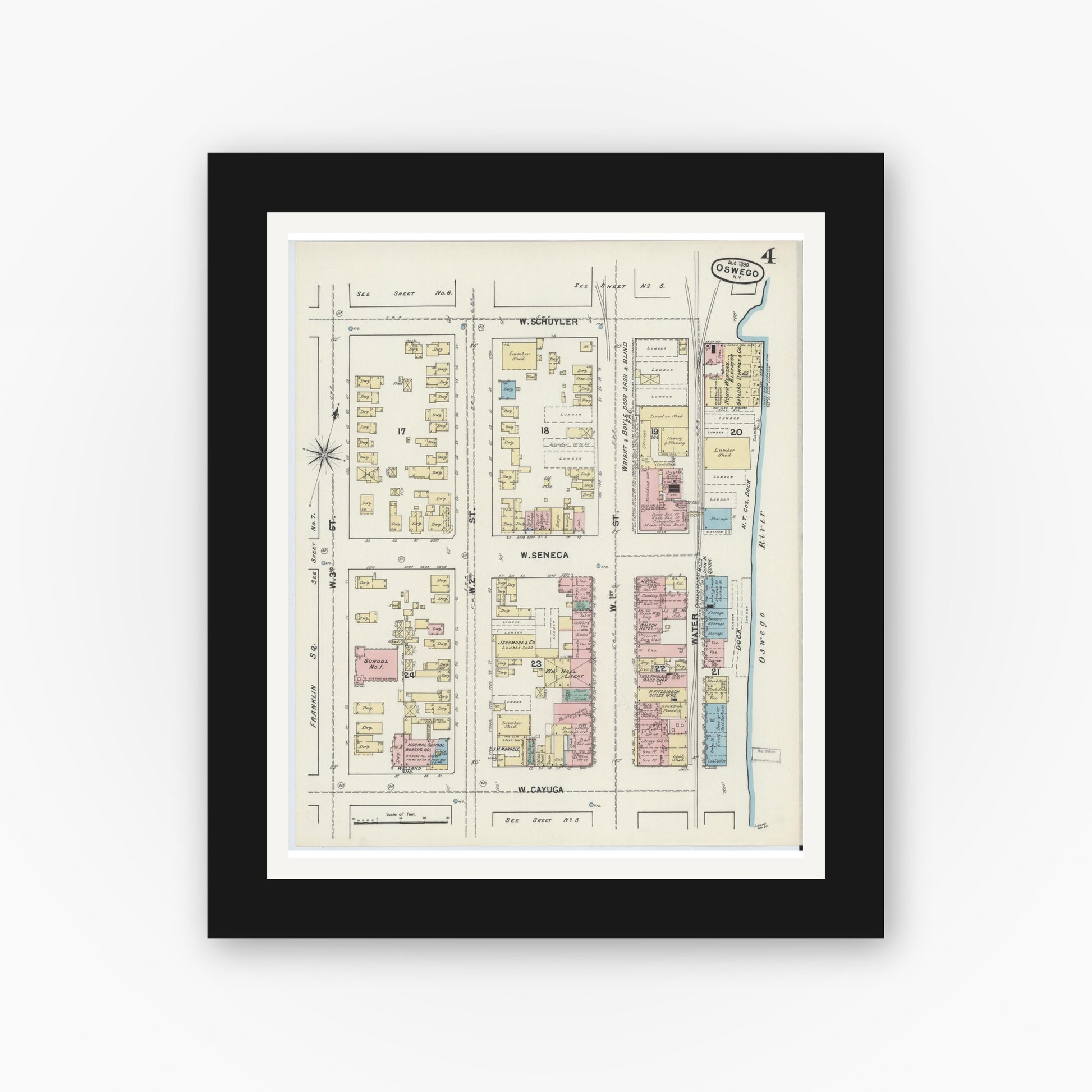 Old map wall art mockup — black gallery frame with white mat — Sanborn Fire Insurance Map from Oswego, Oswego County, New York (1890), Sheet #0004