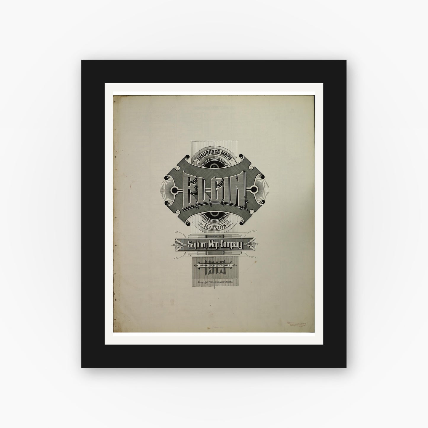 Old map wall art mockup — black gallery frame with white mat — Sanborn Fire Insurance Map from Elgin, Kane County, Illinois (1913), Sheet #0001