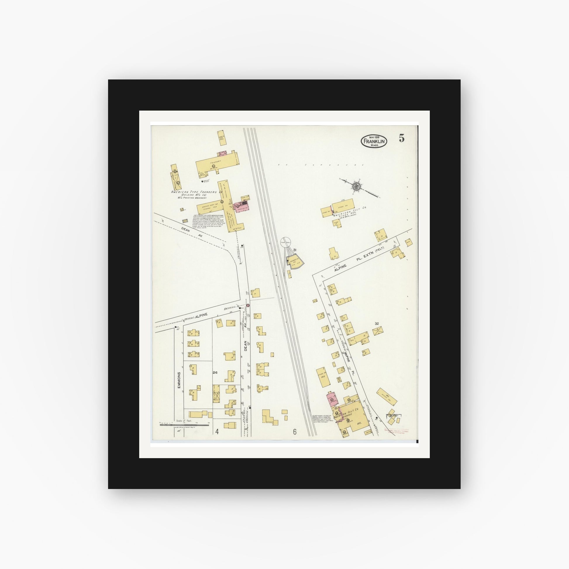Old map wall art mockup — black gallery frame with white mat — Sanborn Fire Insurance Map from Franklin, Norfolk County, Massachusetts (1919), Sheet #0005