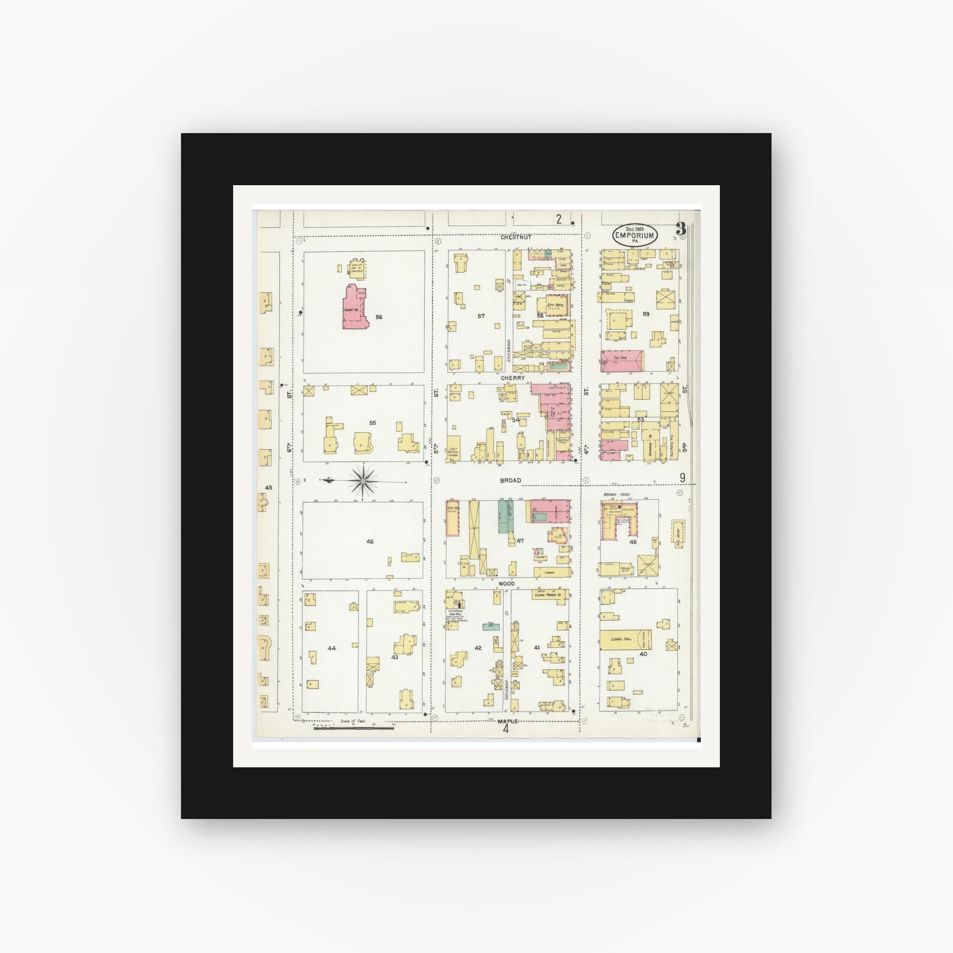 Old map wall art mockup — black gallery frame with white mat — Sanborn Fire Insurance Map from Emporium, Cameron County, Pennsylvania (1903), Sheet #0003