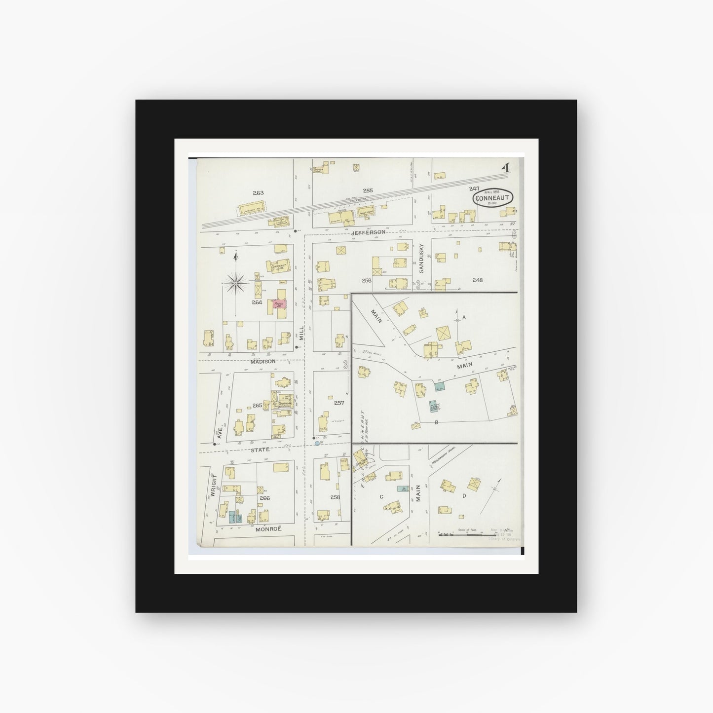 Old map wall art mockup — black gallery frame with white mat — Sanborn Fire Insurance Map from Conneaut, Ashtabula County, Ohio (1893), Sheet #0004