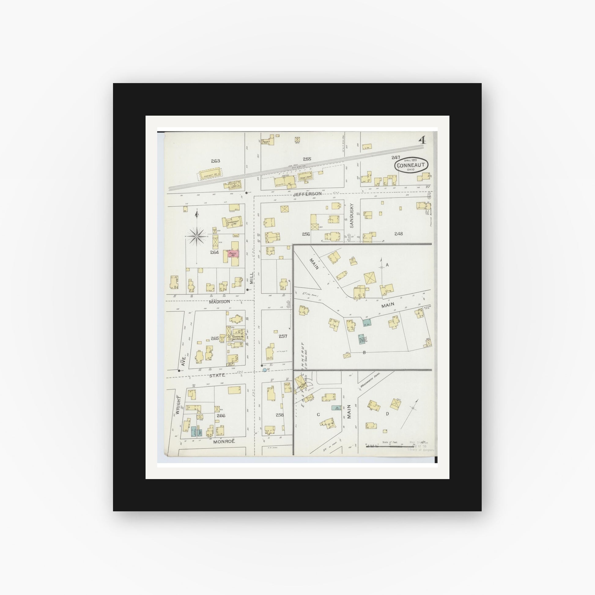 Old map wall art mockup — black gallery frame with white mat — Sanborn Fire Insurance Map from Conneaut, Ashtabula County, Ohio (1893), Sheet #0004