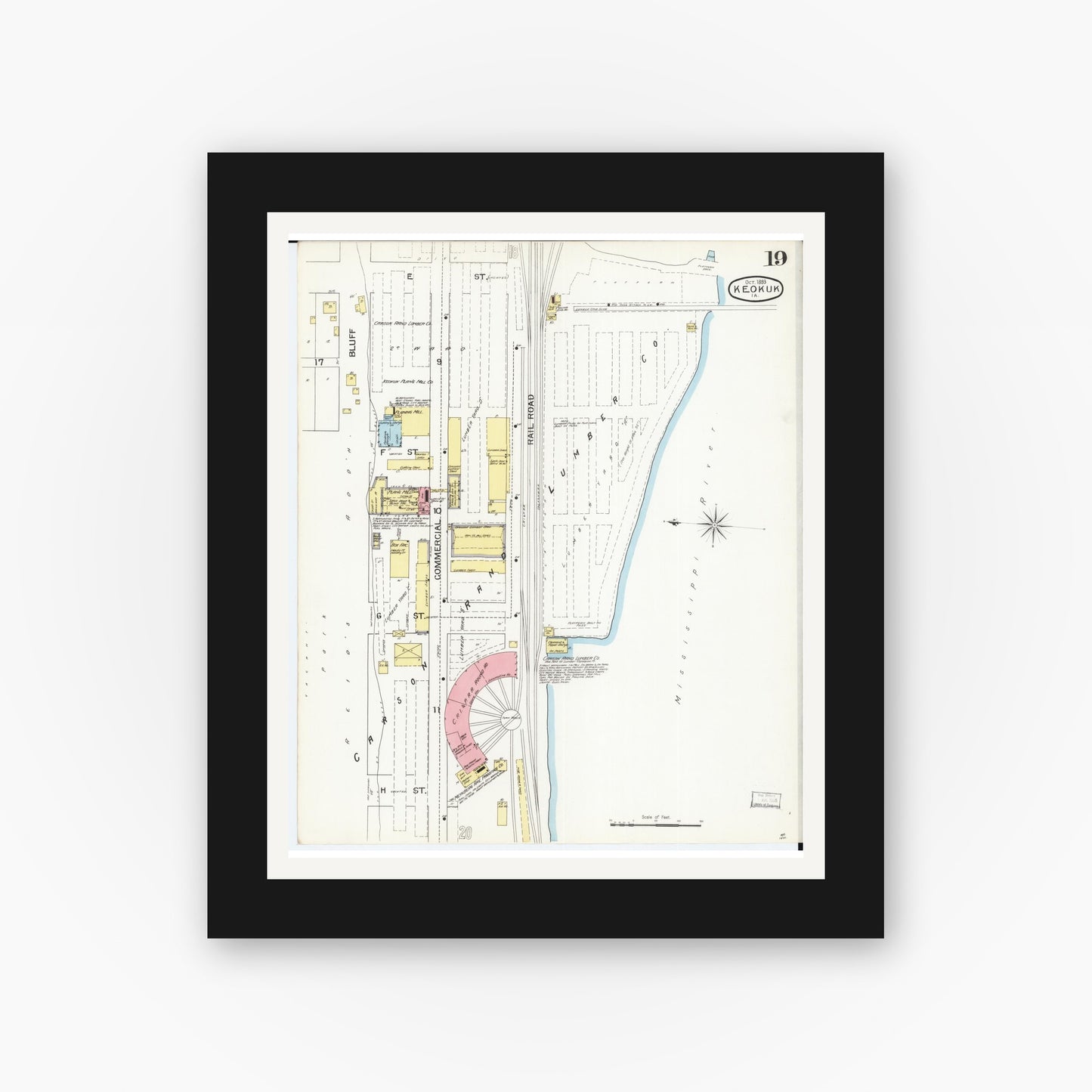 Old map wall art mockup — black gallery frame with white mat — Sanborn Fire Insurance Map from Keokuk, Lee County, Iowa (1893), Sheet #0019