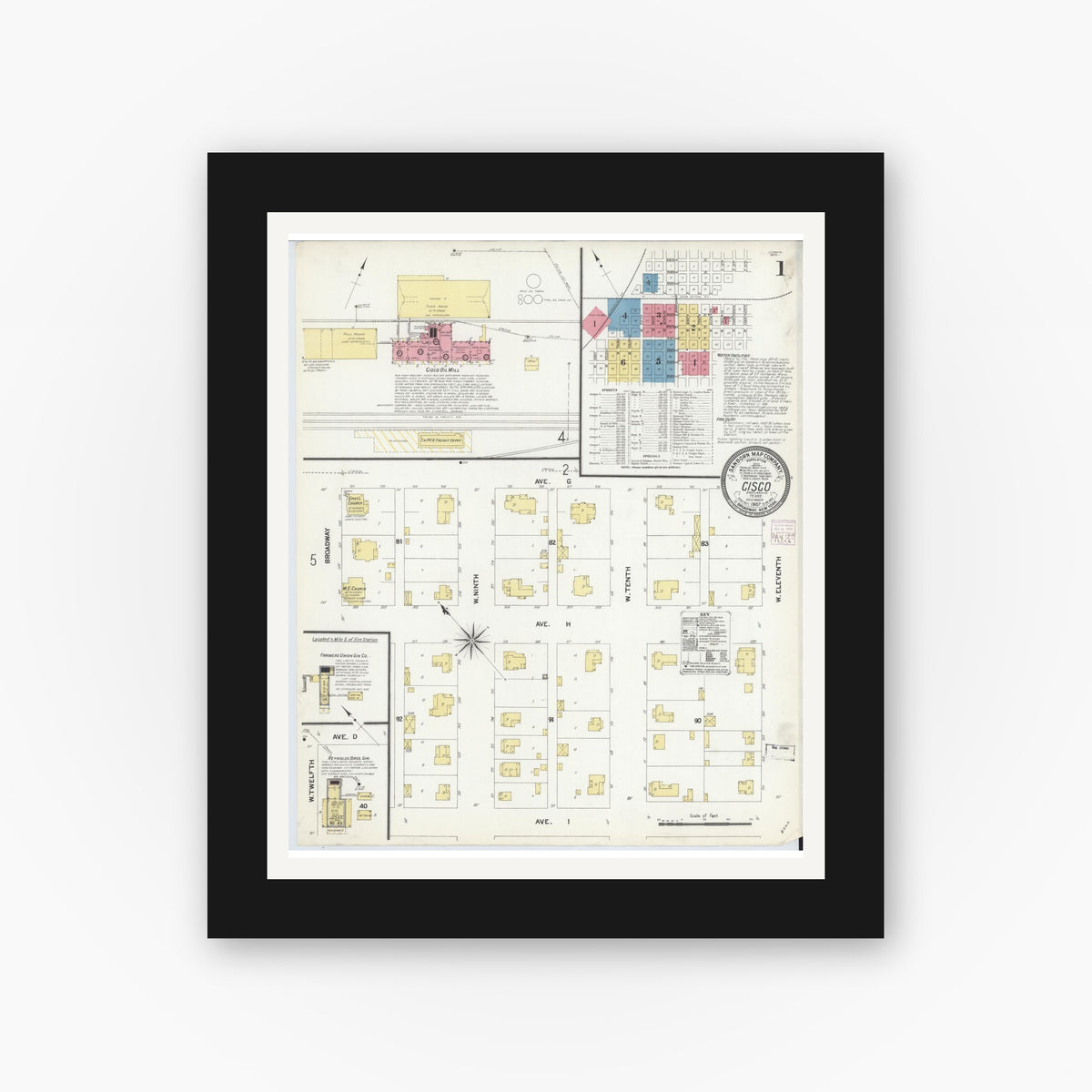 Old map wall art mockup — black gallery frame with white mat — Sanborn Fire Insurance Map from Cisco, Eastland County, Texas (1907), Sheet #0001