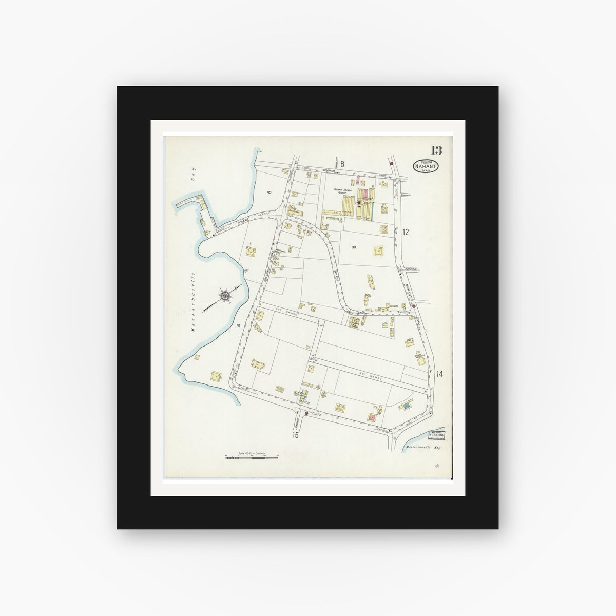 Old map wall art mockup — black gallery frame with white mat — Sanborn Fire Insurance Map from Nahant, Essex County, Massachusetts (1914), Sheet #0013