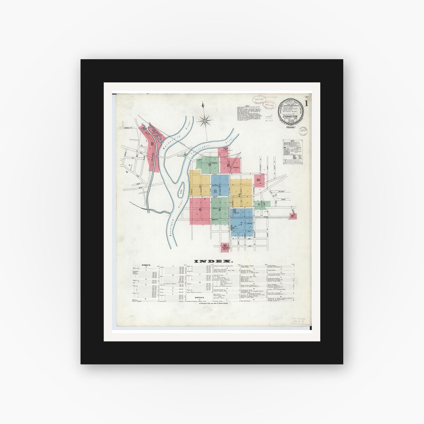 Old map wall art mockup — black gallery frame with white mat — Sanborn Fire Insurance Map from Coshocton, Coshocton County, Ohio (1899), Sheet #0001