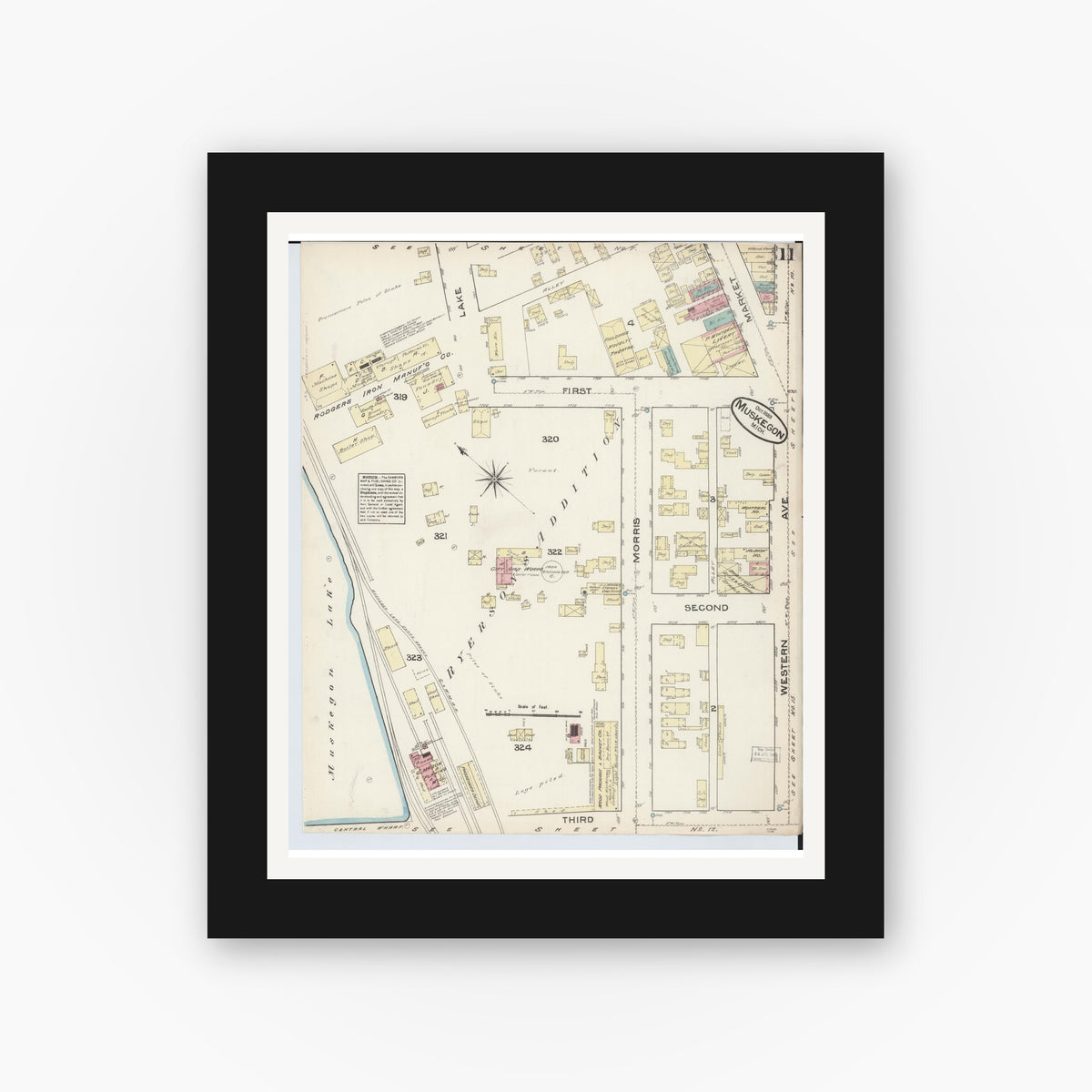 Old map wall art mockup — black gallery frame with white mat — Sanborn Fire Insurance Map from Muskegon, Muskegon County, Michigan (1883), Sheet #0011