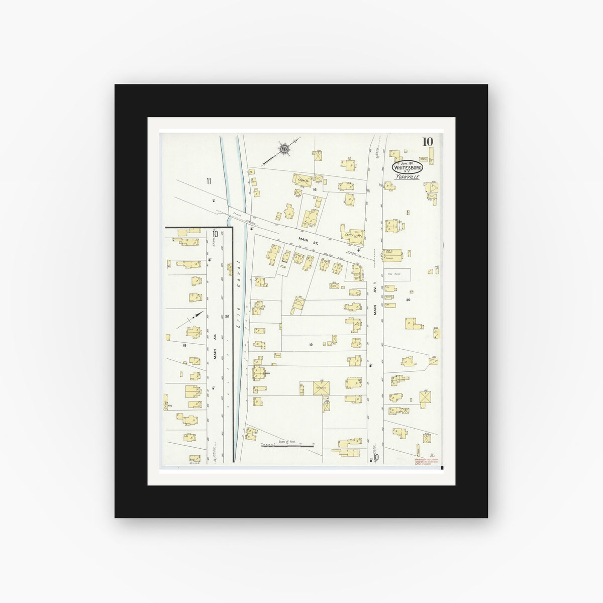 Old map wall art mockup — black gallery frame with white mat — Sanborn Fire Insurance Map from Whitesboro, Oneida County, New York (1911), Sheet #0010