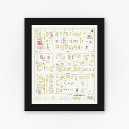 Old map wall art mockup — black gallery frame with white mat — Sanborn Fire Insurance Map from New Castle, Henry County, Indiana (1908), Sheet #0011