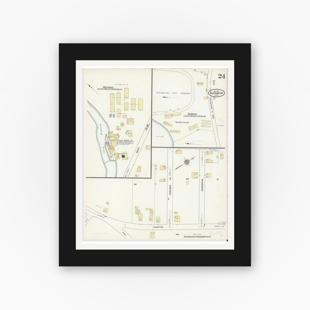 Old map wall art mockup — black gallery frame with white mat — Sanborn Fire Insurance Map from Southbridge, Worcester County, Massachusetts (1911), Sheet #0024