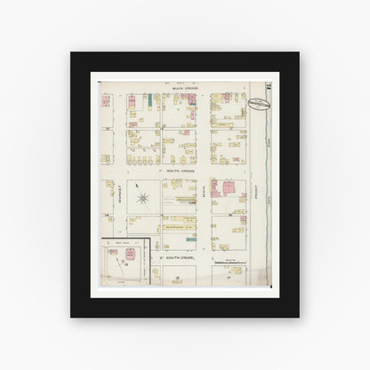 Old map wall art mockup — black gallery frame with white mat — Sanborn Fire Insurance Map from Shawneetown, Gallatin County, Illinois (1885), Sheet #0002