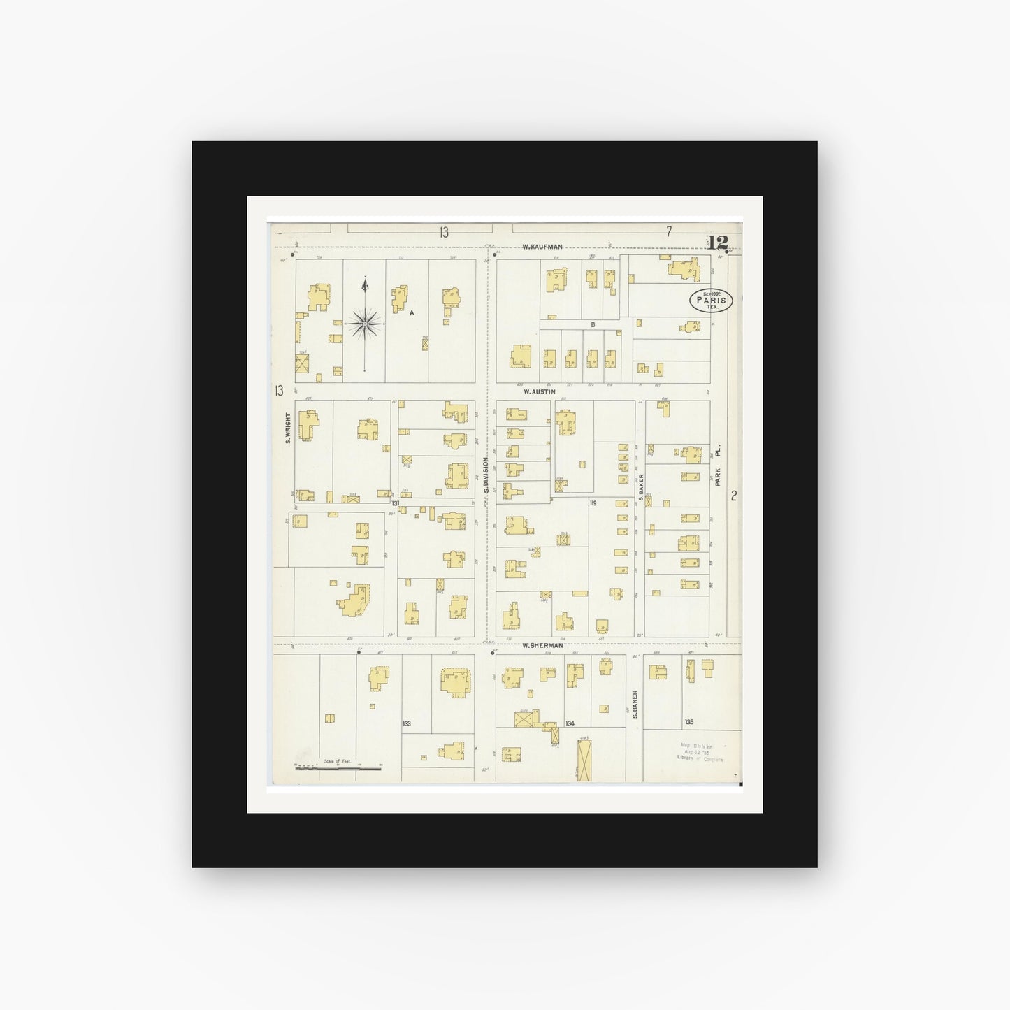 Old map wall art mockup — black gallery frame with white mat — Sanborn Fire Insurance Map from Paris, Lamar County, Texas (1902), Sheet #0012