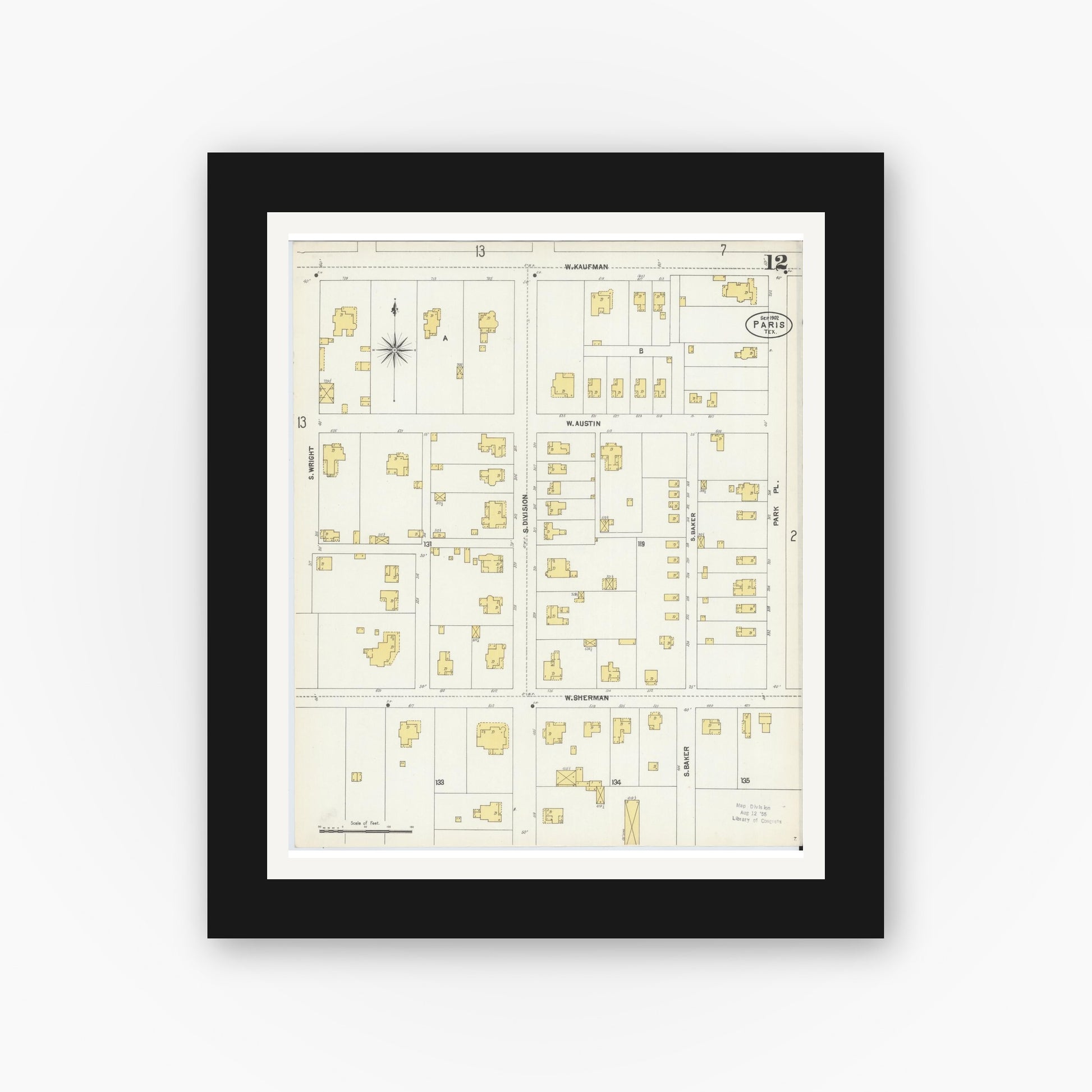 Old map wall art mockup — black gallery frame with white mat — Sanborn Fire Insurance Map from Paris, Lamar County, Texas (1902), Sheet #0012