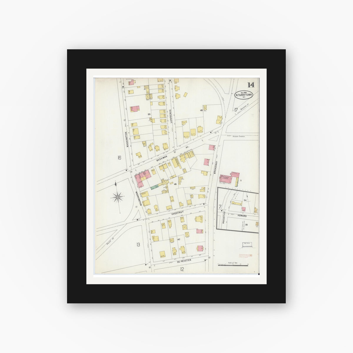 Old map wall art mockup — black gallery frame with white mat — Sanborn Fire Insurance Map from Tarrytown, Westchester County, New York (1898), Sheet #0014