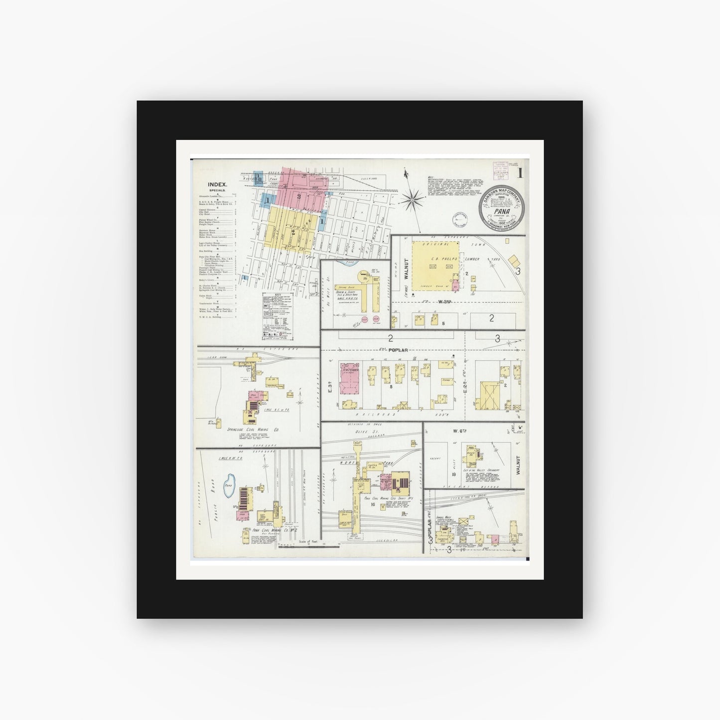 Old map wall art mockup — black gallery frame with white mat — Sanborn Fire Insurance Map from Pana, Christian County, Illinois (1902), Sheet #0001