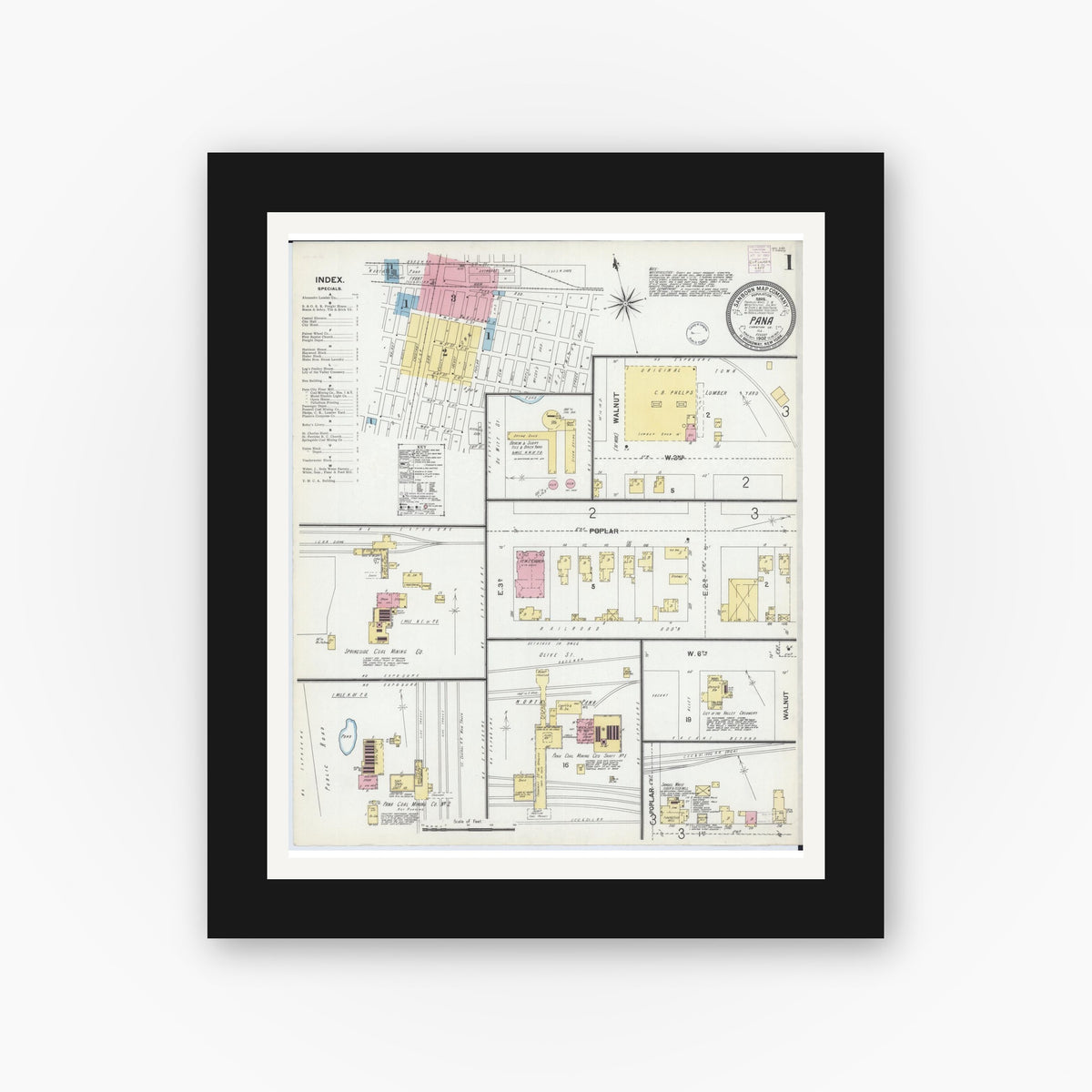 Old map wall art mockup — black gallery frame with white mat — Sanborn Fire Insurance Map from Pana, Christian County, Illinois (1902), Sheet #0001