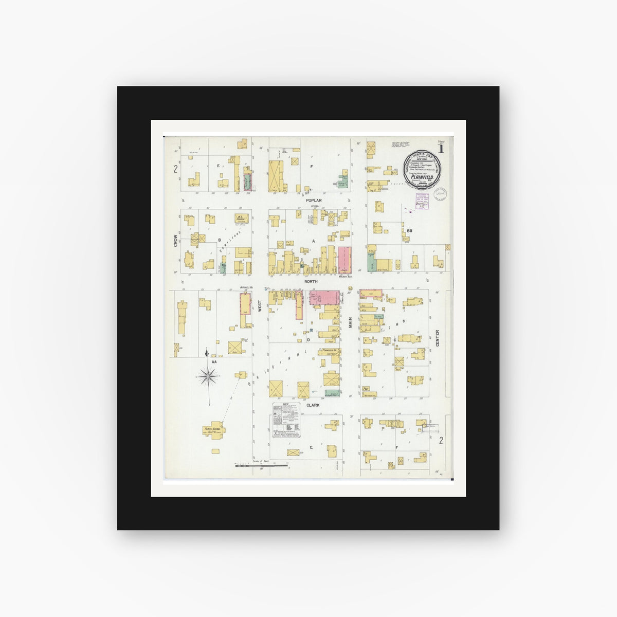 Old map wall art mockup — black gallery frame with white mat — Sanborn Fire Insurance Map from Plainfield, Waushara County, Wisconsin (1901) - Complete Map Set