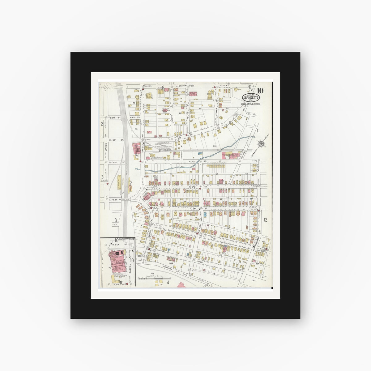Old map wall art mockup — black gallery frame with white mat — Sanborn Fire Insurance Map from Jeannette, Westmoreland County, Pennsylvania (1916), Sheet #0010