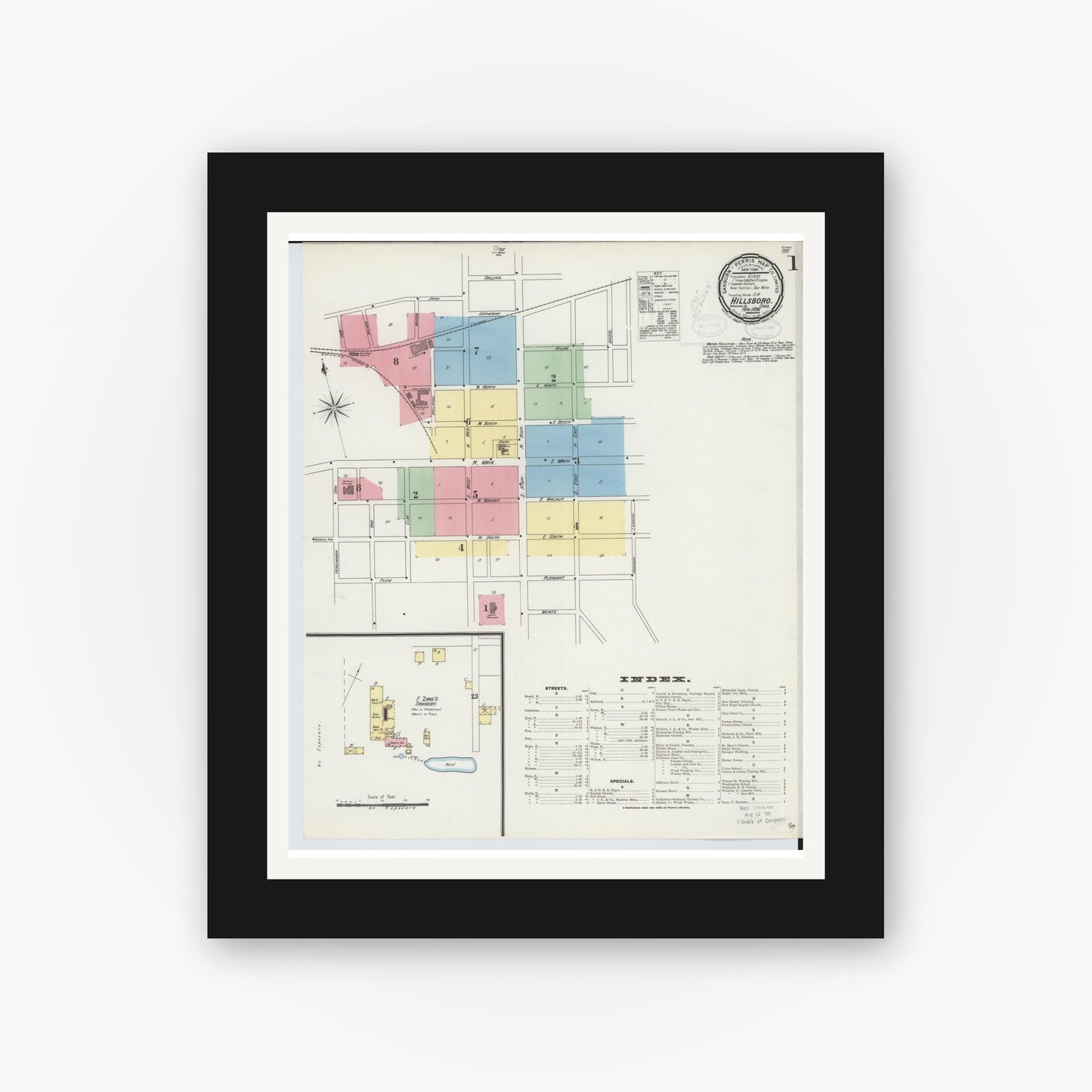 Old map wall art mockup — black gallery frame with white mat — Sanborn Fire Insurance Map from Hillsboro, Highland County, Ohio (1898), Sheet #0001