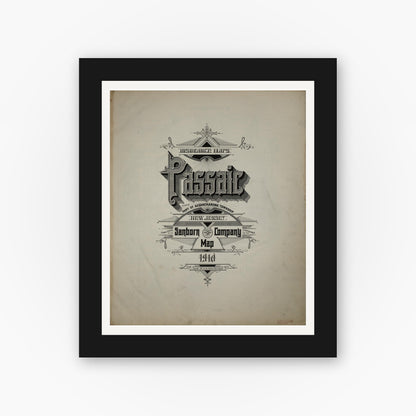 Old map wall art mockup — black gallery frame with white mat — Sanborn Fire Insurance Map from Passaic, Passaic County, New Jersey (1910), Sheet #0001