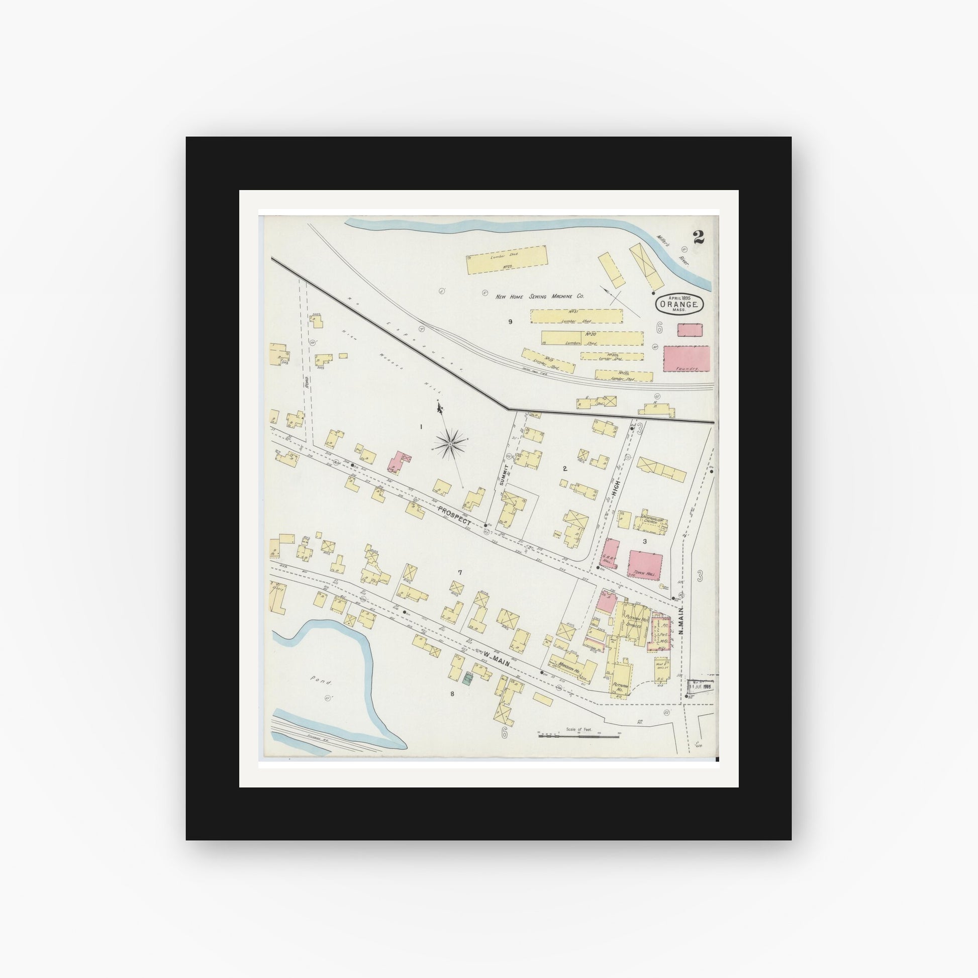 Old map wall art mockup — black gallery frame with white mat — Sanborn Fire Insurance Map from Orange, Franklin County, Massachusetts (1895), Sheet #0002