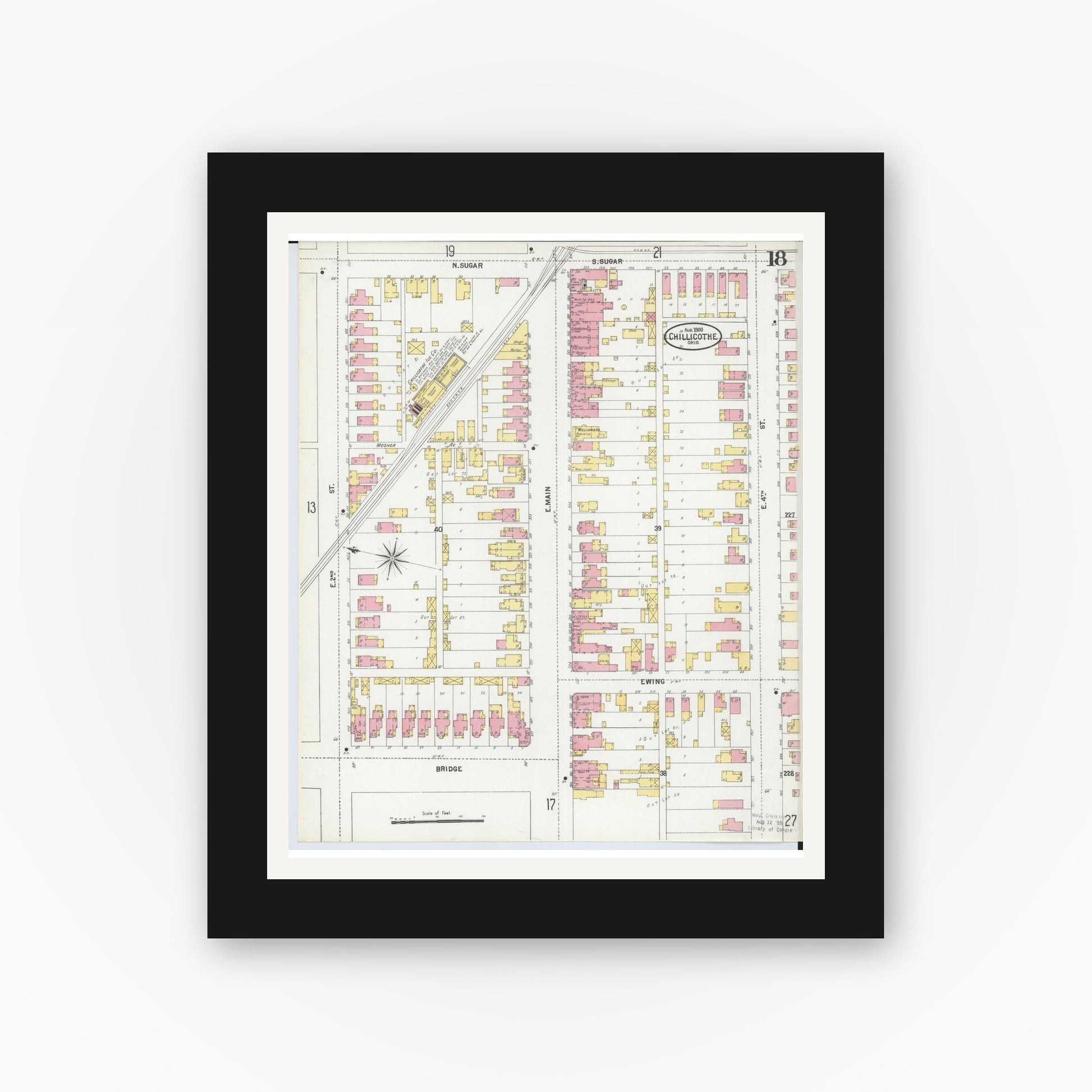 Old map wall art mockup — black gallery frame with white mat — Sanborn Fire Insurance Map from Chillicothe, Ross County, Ohio (1900), Sheet #0018