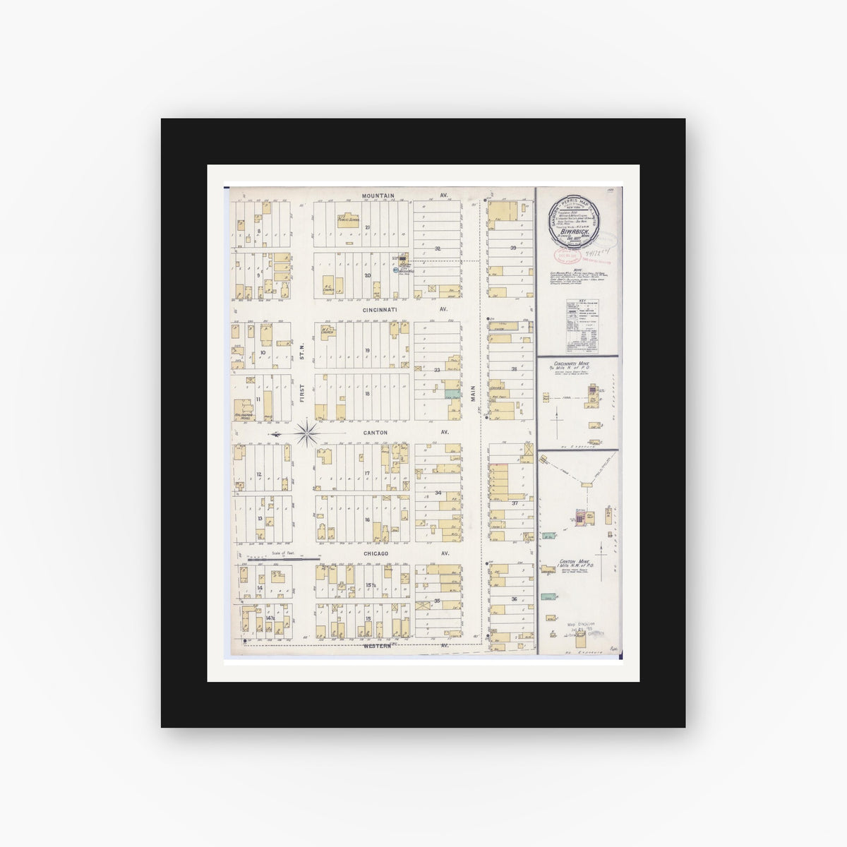 Old map wall art mockup — black gallery frame with white mat — Sanborn Fire Insurance Map from Biwabik, Saint Louis County, Minnesota (1897), Sheet #0001