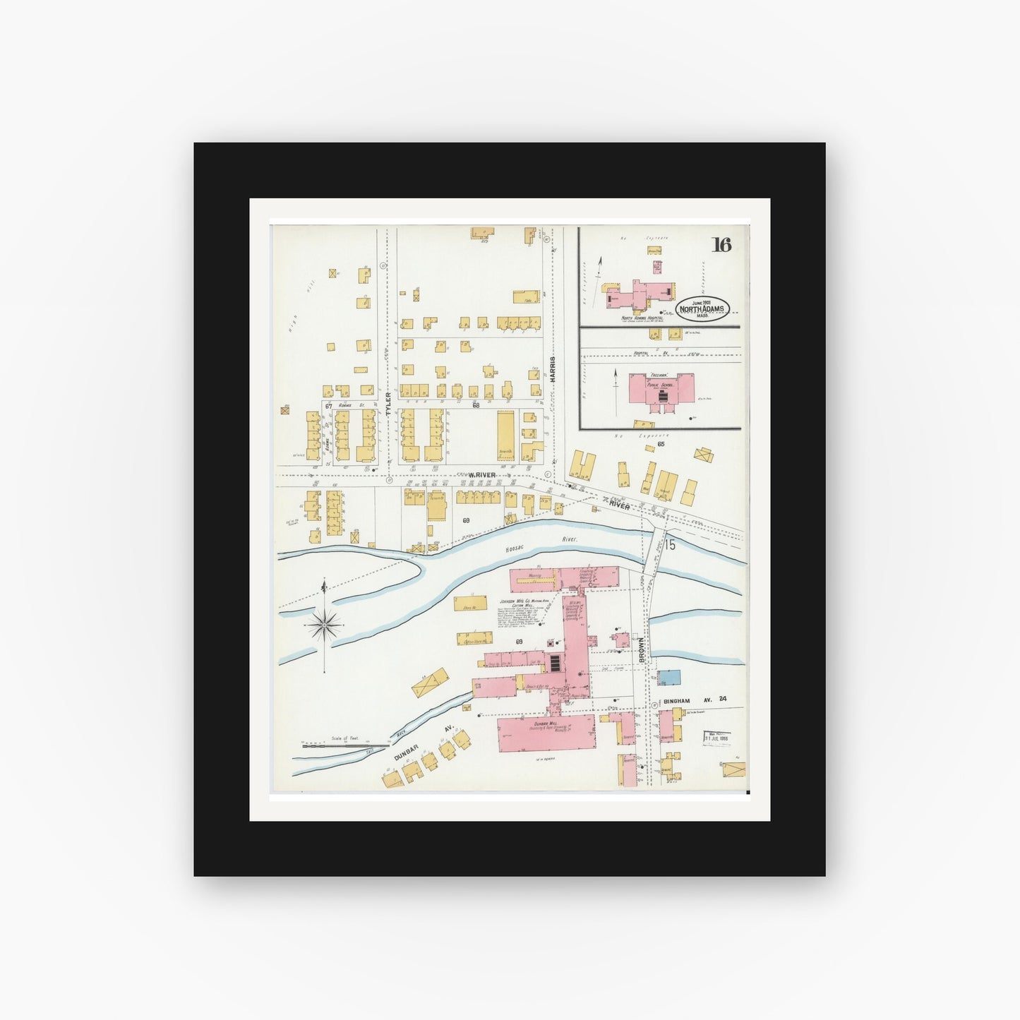 Old map wall art mockup — black gallery frame with white mat — Sanborn Fire Insurance Map from North Adams, Berkshire County, Massachusetts (1901), Sheet #0016