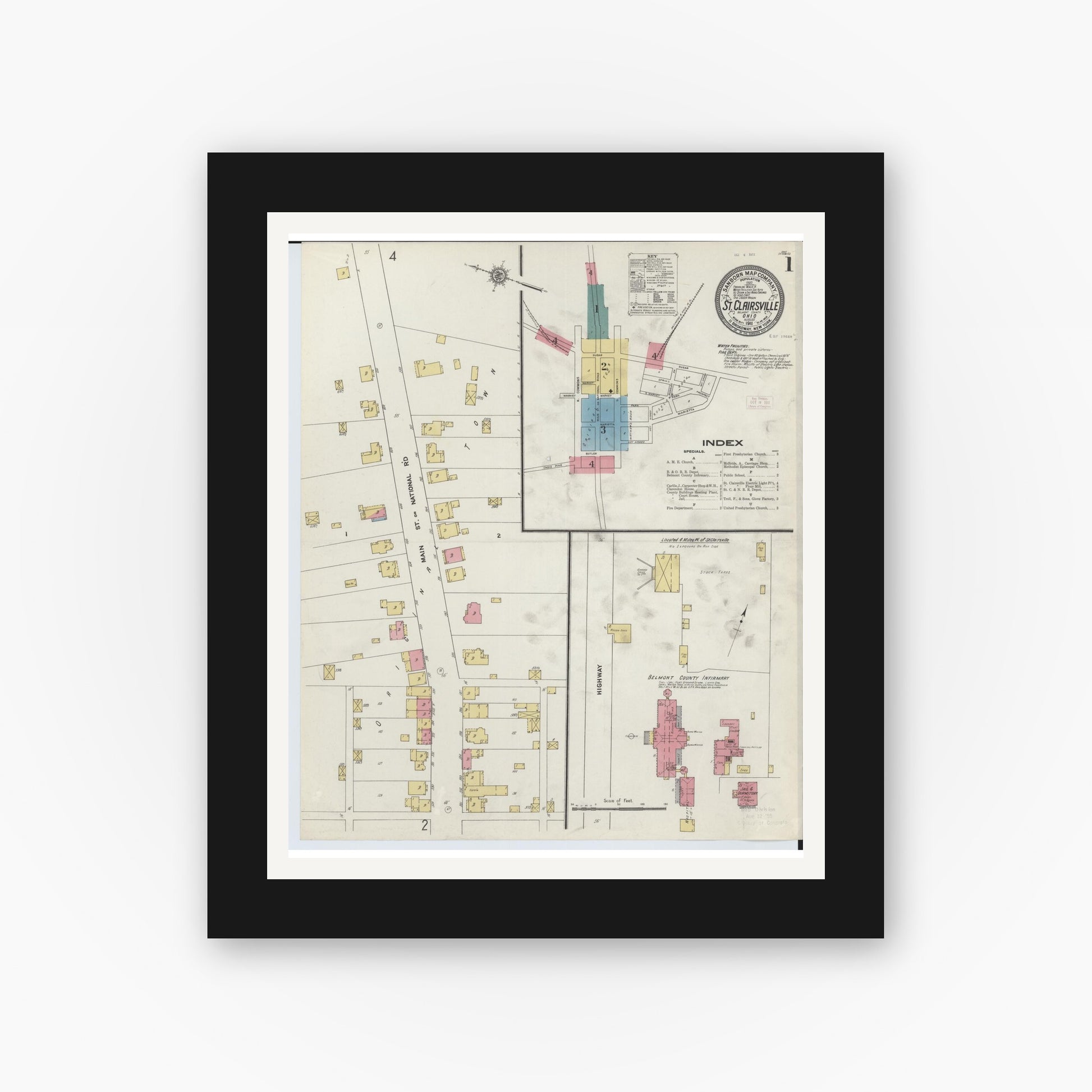 Old map wall art mockup — black gallery frame with white mat — Sanborn Fire Insurance Map from Saint Clairsville, Belmont County, Ohio (1911) - Complete Map Set