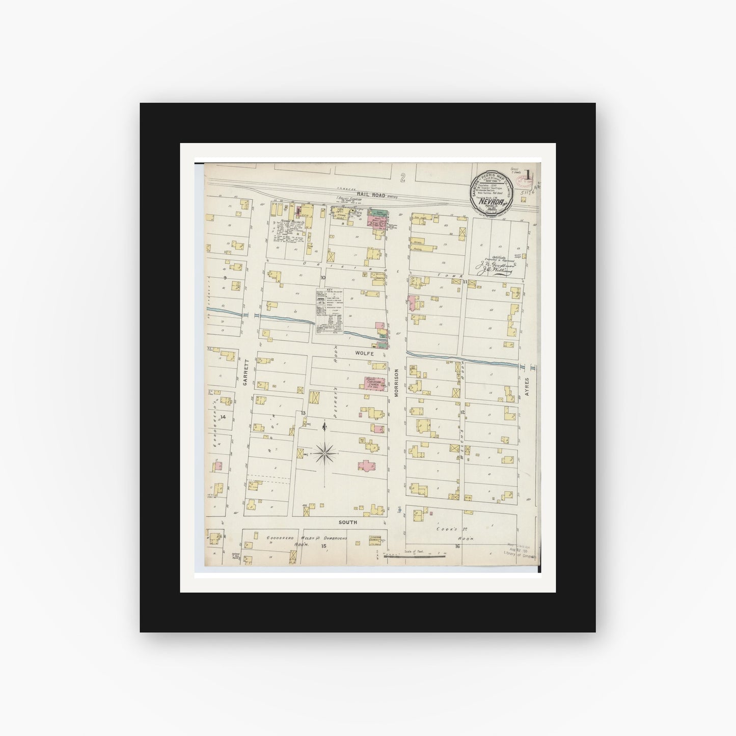Old map wall art mockup — black gallery frame with white mat — Sanborn Fire Insurance Map from Nevada, Wyandot County, Ohio (1895), Sheet #0001