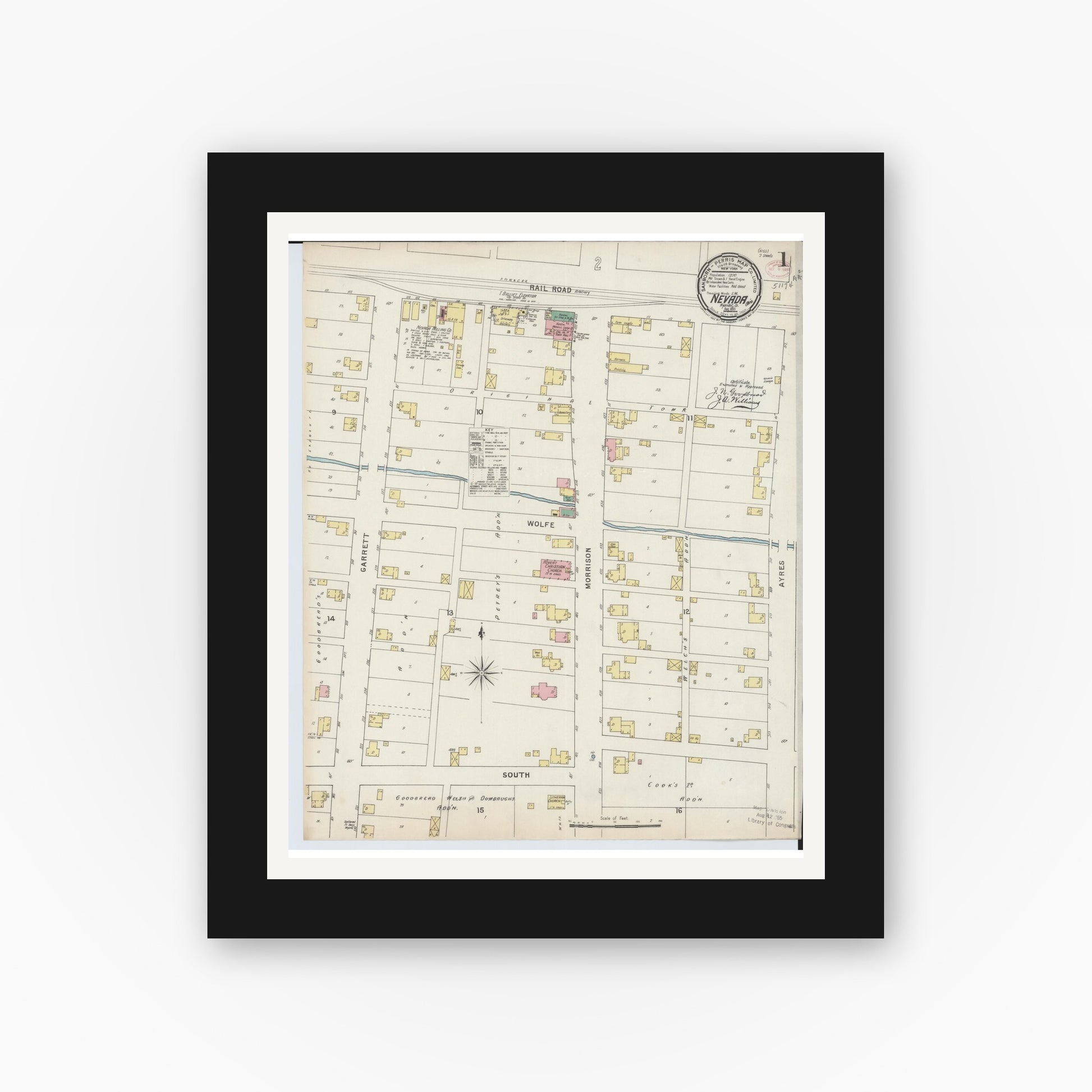 Old map wall art mockup — black gallery frame with white mat — Sanborn Fire Insurance Map from Nevada, Wyandot County, Ohio (1895), Sheet #0001