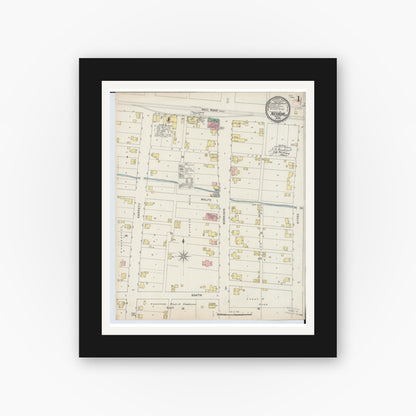 Old map wall art mockup — black gallery frame with white mat — Sanborn Fire Insurance Map from Nevada, Wyandot County, Ohio (1895), Sheet #0001