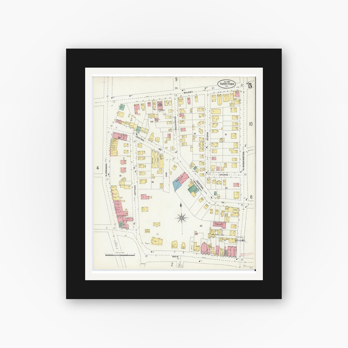 Old map wall art mockup — black gallery frame with white mat — Sanborn Fire Insurance Map from Tarrytown, Westchester County, New York (1903), Sheet #0005