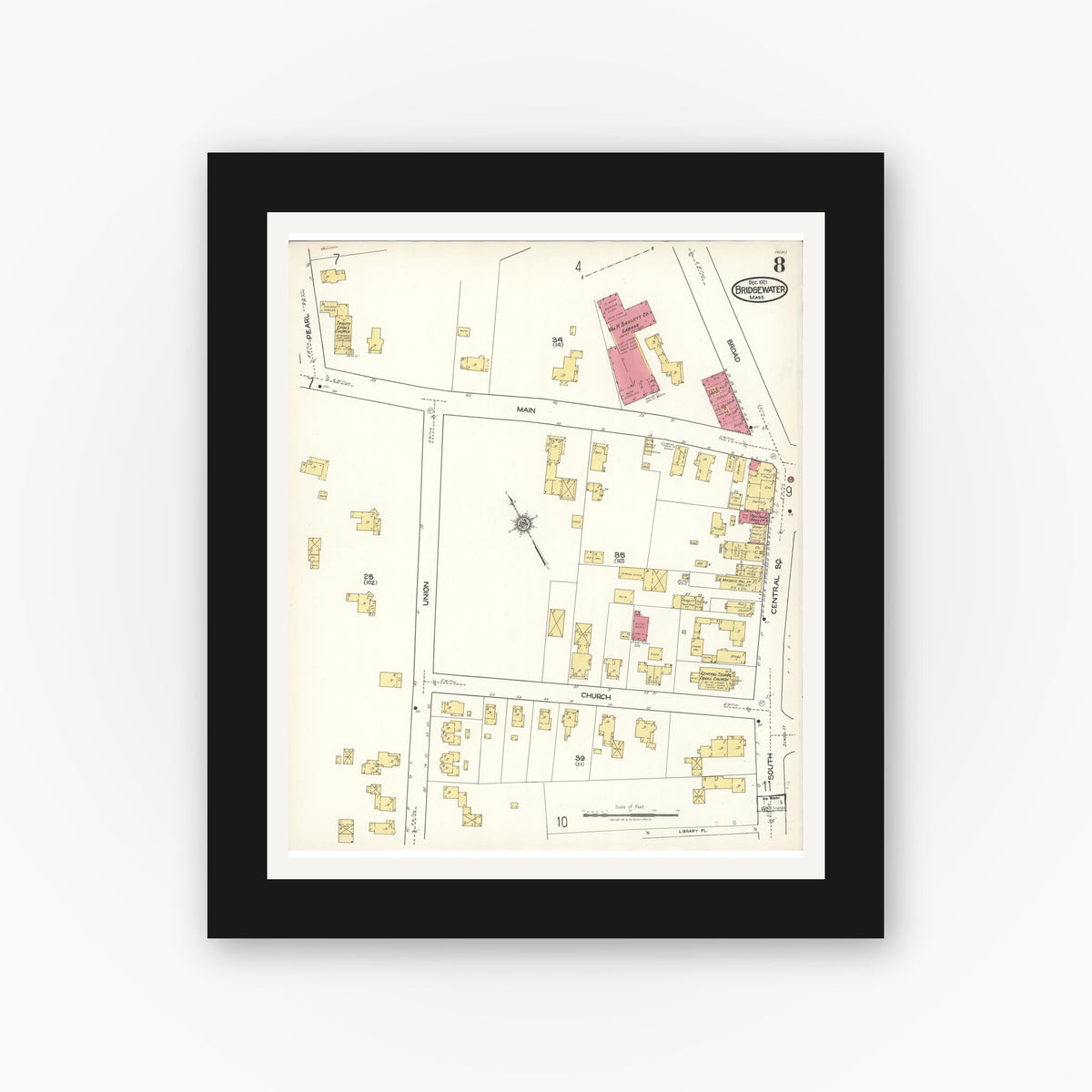 Old map wall art mockup — black gallery frame with white mat — Sanborn Fire Insurance Map from Bridgewater, Plymouth County, Massachusetts (1921), Sheet #0008