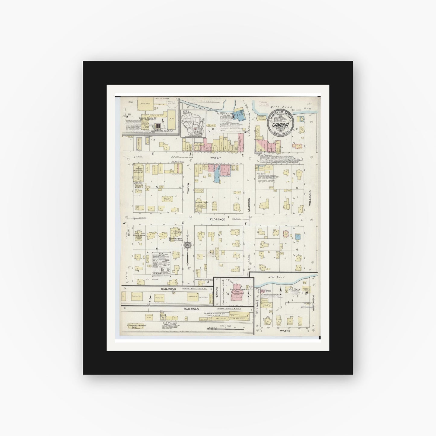 Old map wall art mockup — black gallery frame with white mat — Sanborn Fire Insurance Map from Cambria, Columbia County, Wisconsin (1914), Sheet #0001