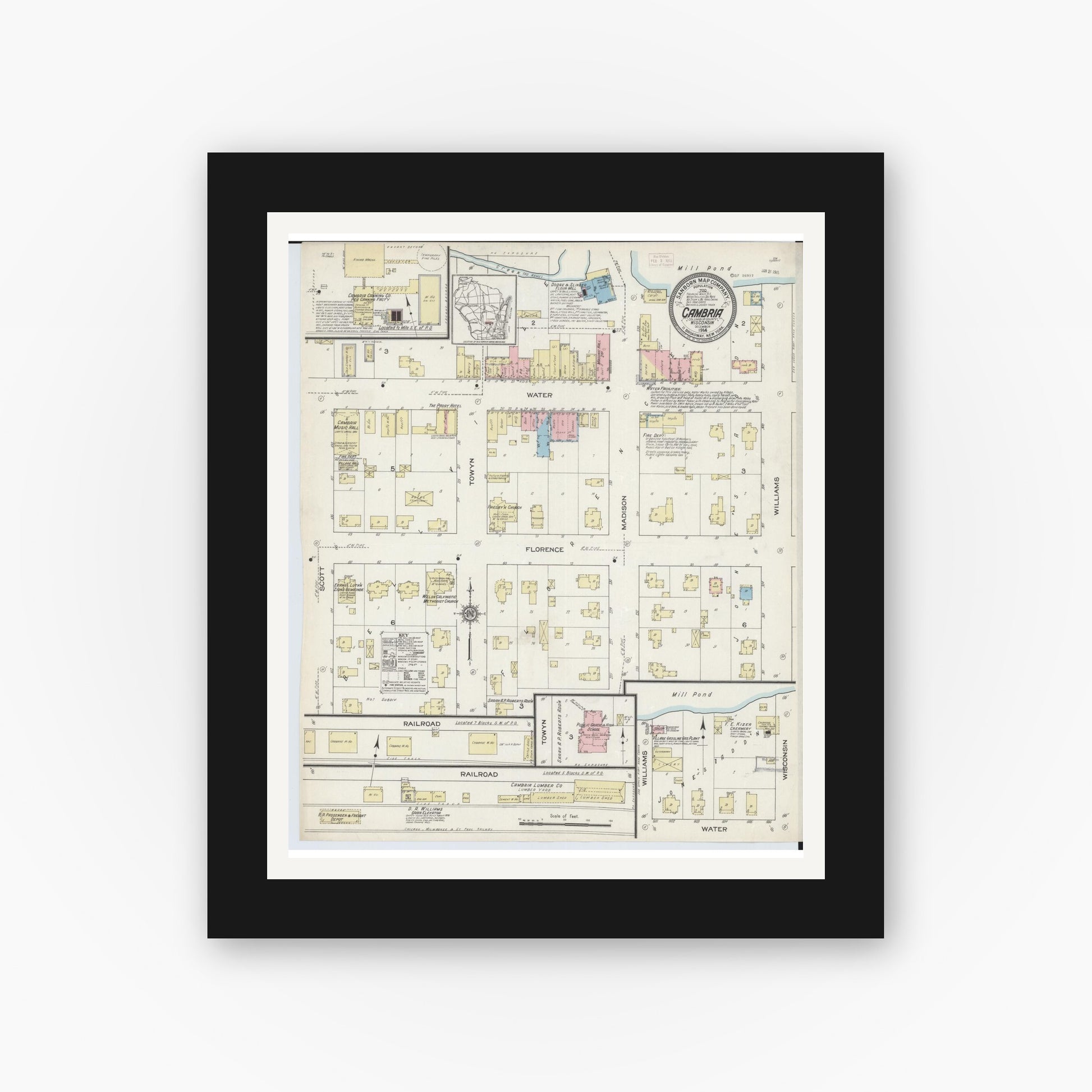 Old map wall art mockup — black gallery frame with white mat — Sanborn Fire Insurance Map from Cambria, Columbia County, Wisconsin (1914), Sheet #0001