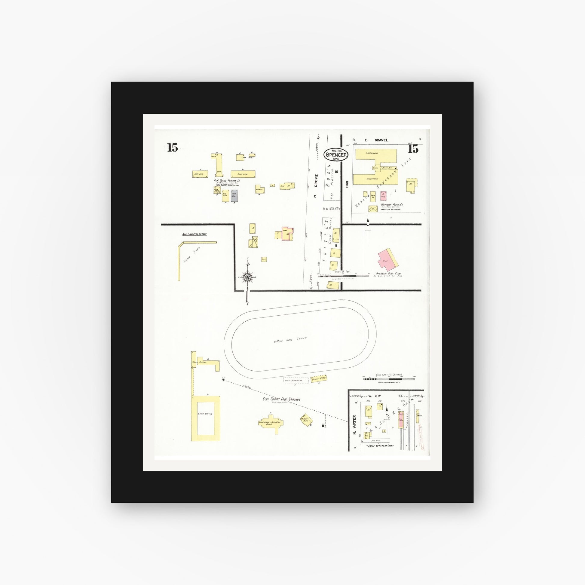 Old map wall art mockup — black gallery frame with white mat — Sanborn Fire Insurance Map from Spencer, Clay County, Iowa (1924), Sheet #0015