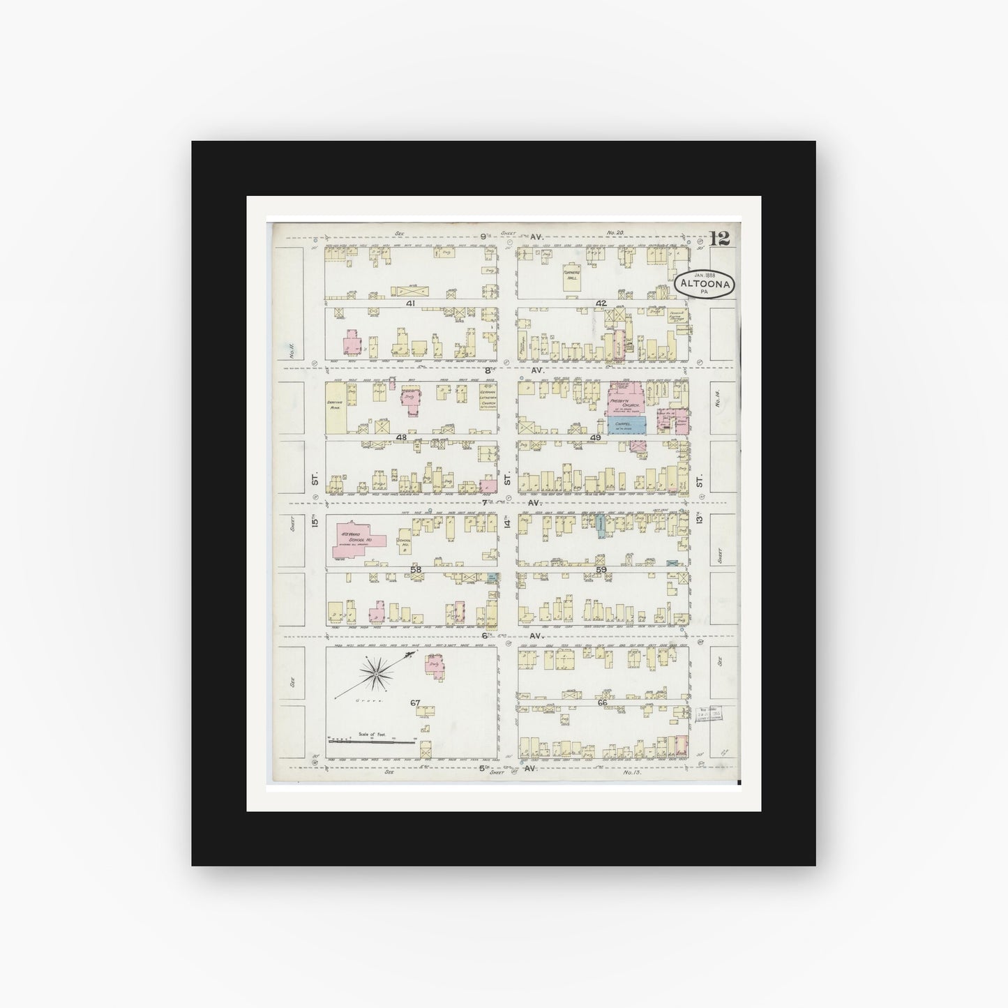 Old map wall art mockup — black gallery frame with white mat — Sanborn Fire Insurance Map from Altoona, Blair County, Pennsylvania (1888), Sheet #0012
