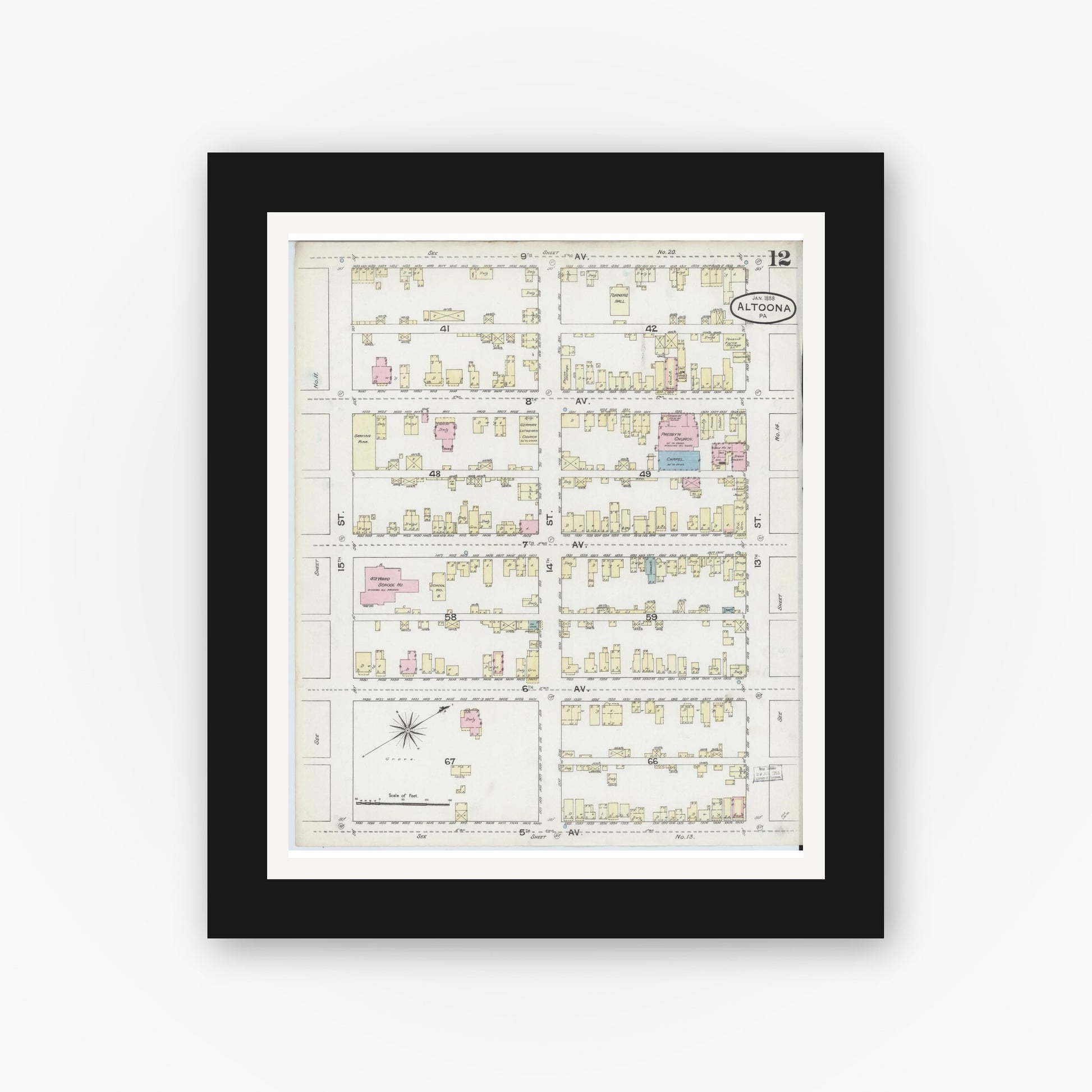 Old map wall art mockup — black gallery frame with white mat — Sanborn Fire Insurance Map from Altoona, Blair County, Pennsylvania (1888), Sheet #0012