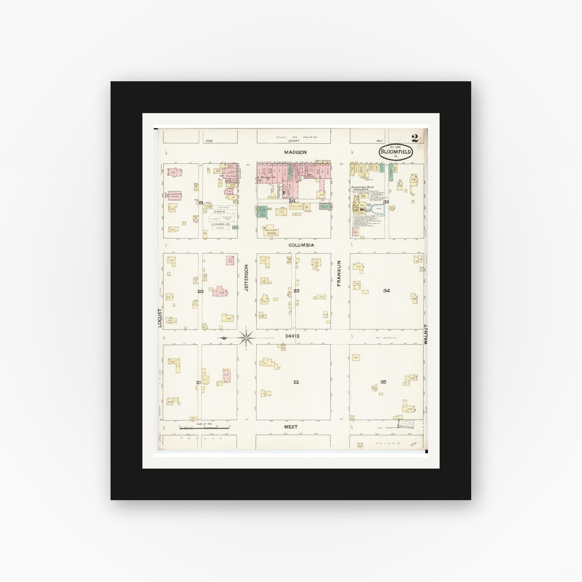 Old map wall art mockup — black gallery frame with white mat — Sanborn Fire Insurance Map from Bloomfield, Davis County, Iowa (1888), Sheet #0002