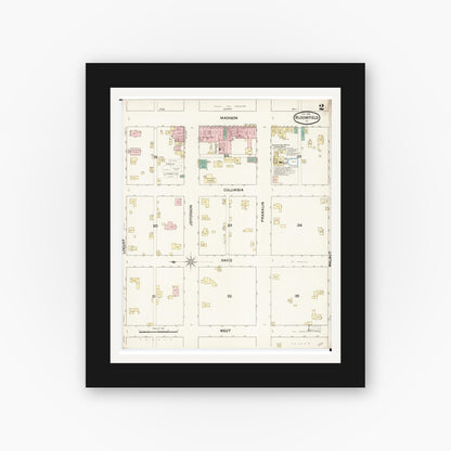 Old map wall art mockup — black gallery frame with white mat — Sanborn Fire Insurance Map from Bloomfield, Davis County, Iowa (1888), Sheet #0002