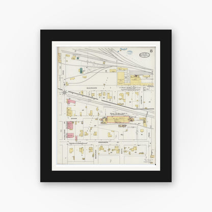 Old map wall art mockup — black gallery frame with white mat — Sanborn Fire Insurance Map from Marshall, Harrison County, Texas (1894), Sheet #0008