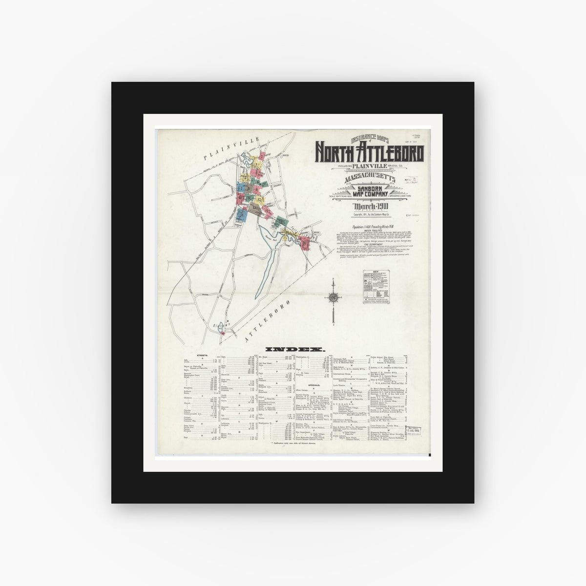 Old map wall art mockup — black gallery frame with white mat — Sanborn Fire Insurance Map from North Attleborough, Bristol County, Massachusetts (1911), Sheet #0001