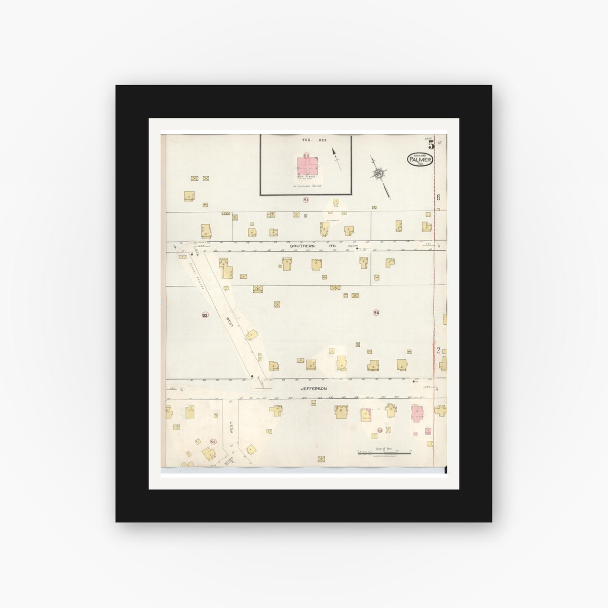 Old map wall art mockup — black gallery frame with white mat — Sanborn Fire Insurance Map from Palmer, Ellis County, Texas (1936), Sheet #0005