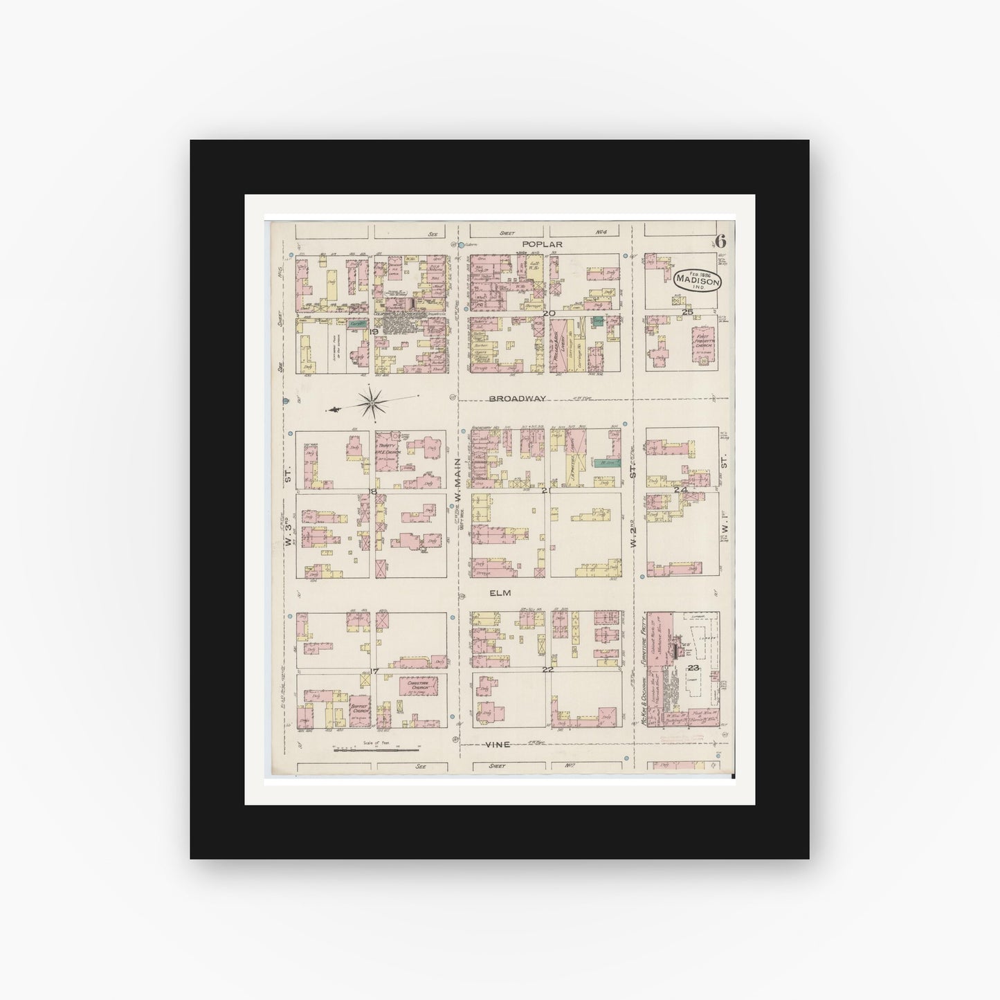 Old map wall art mockup — black gallery frame with white mat — Sanborn Fire Insurance Map from Madison, Jefferson County, Indiana (1886), Sheet #0006