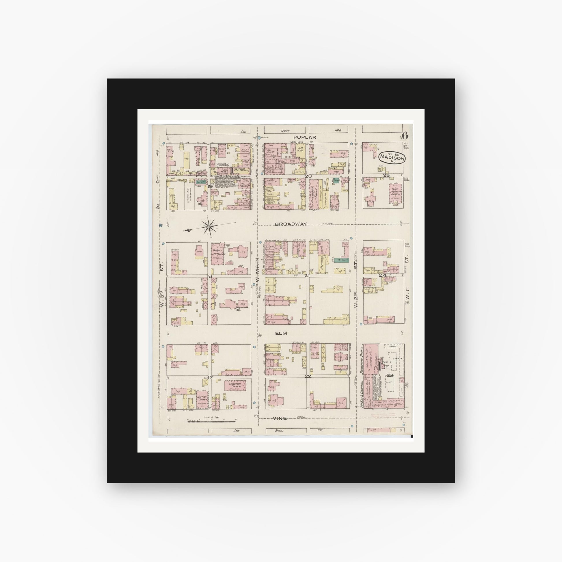 Old map wall art mockup — black gallery frame with white mat — Sanborn Fire Insurance Map from Madison, Jefferson County, Indiana (1886), Sheet #0006