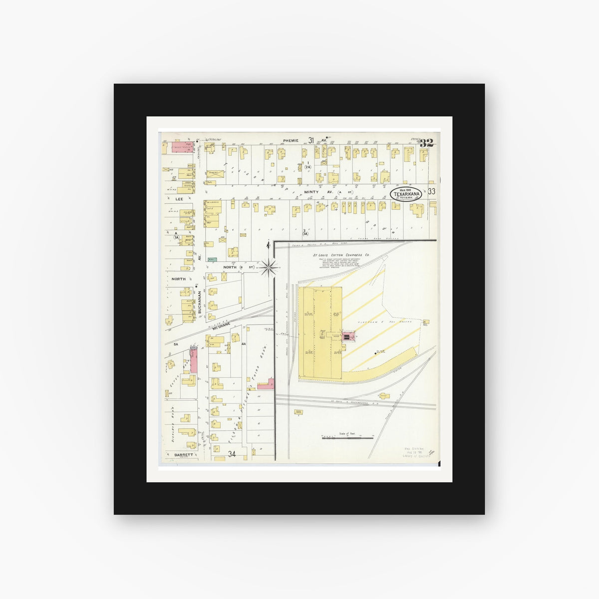 Old map wall art mockup — black gallery frame with white mat — Sanborn Fire Insurance Map from Texarkana, Bowie County, Texas (1909), Sheet #0032